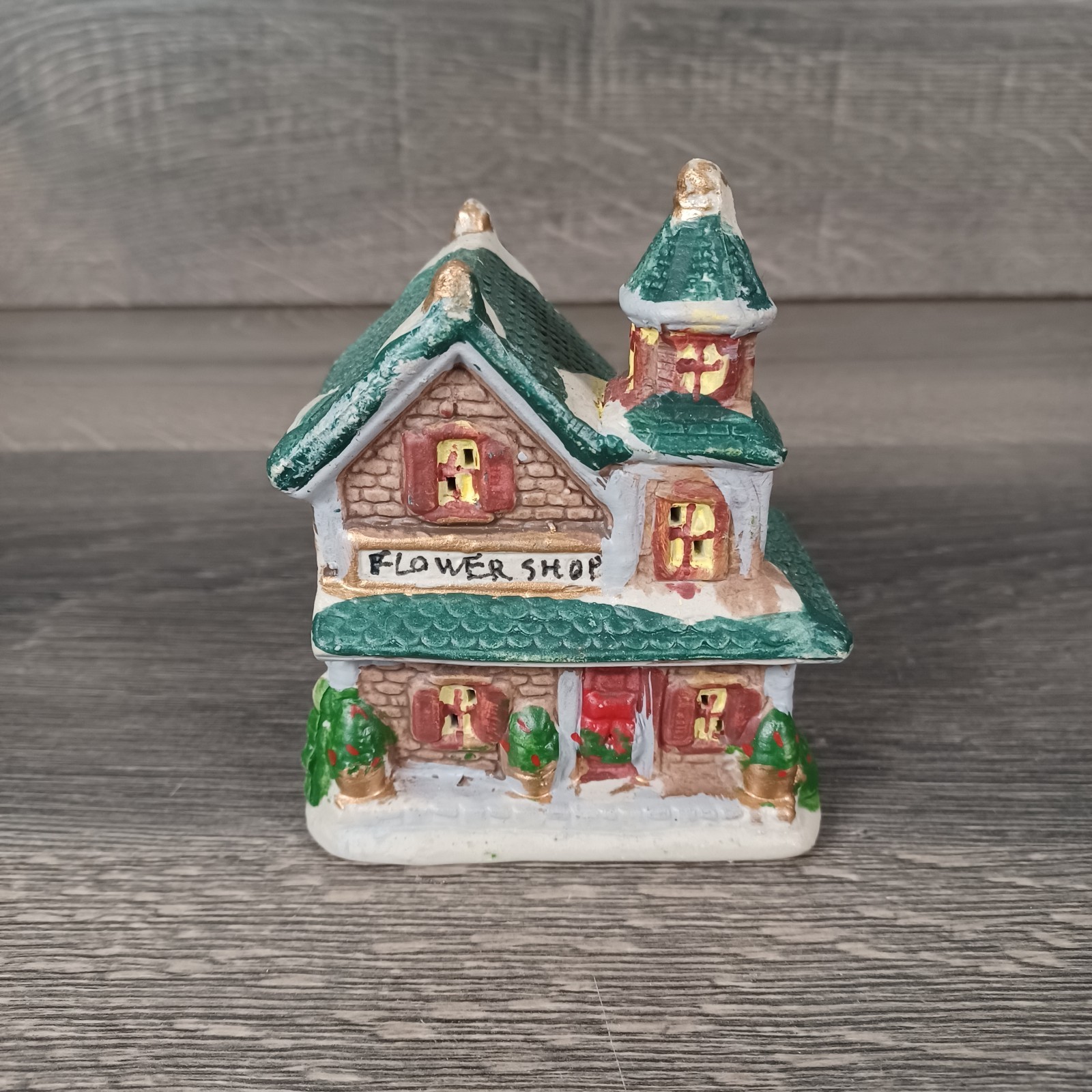 Vintage Ceramic Christmas Snowy Village Lot Of 6 Houses Pet Shop Church Flower