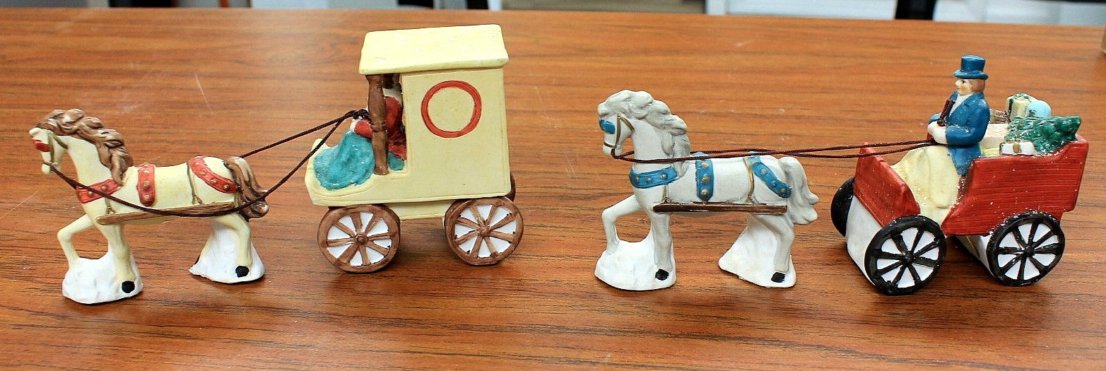 Vintage Ceramic Village Collection HIs/Hers Christmas Horse drawn carriages