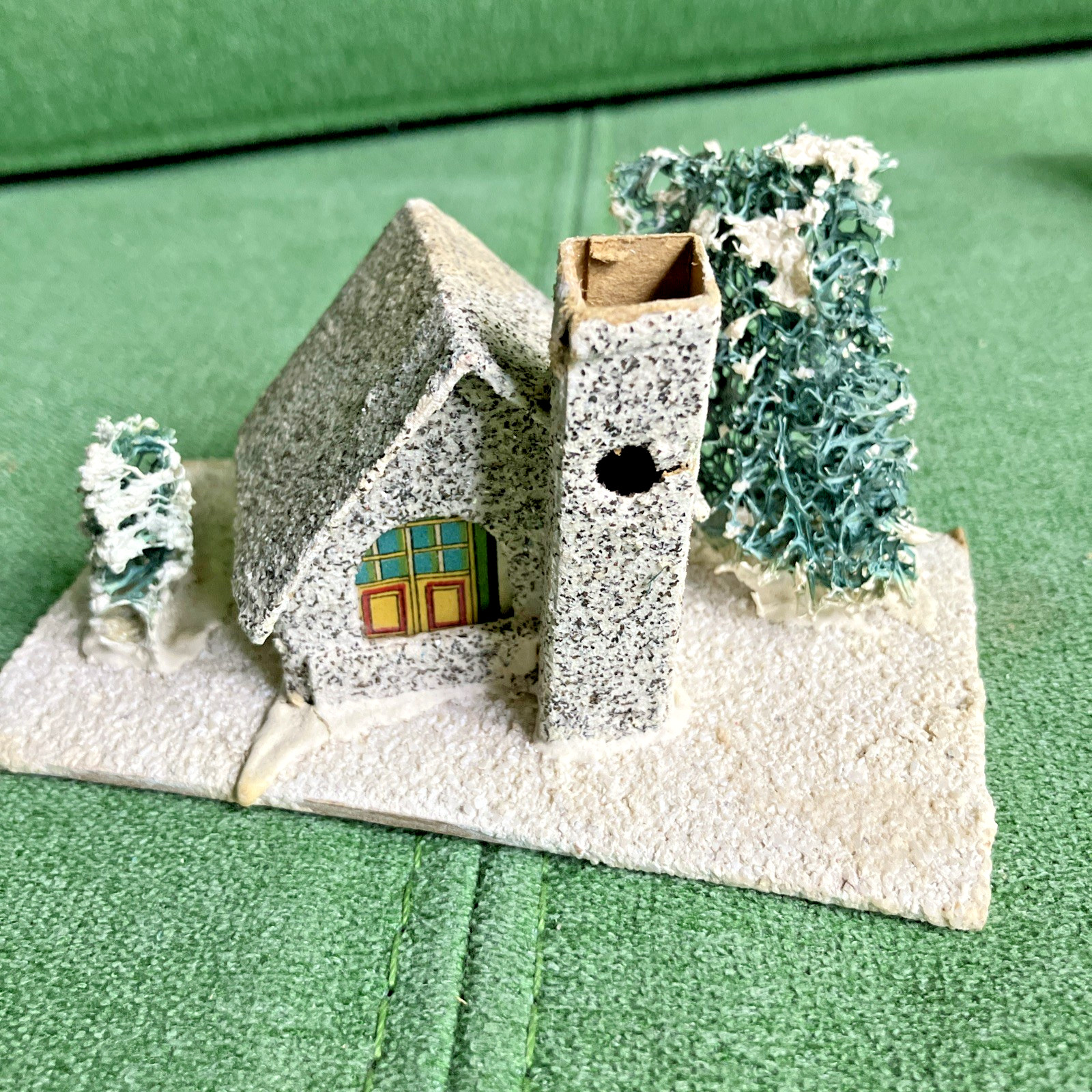 3 VTG Christmas Putz Houses, Cardboard w Mica Glitter, Windows, Trees