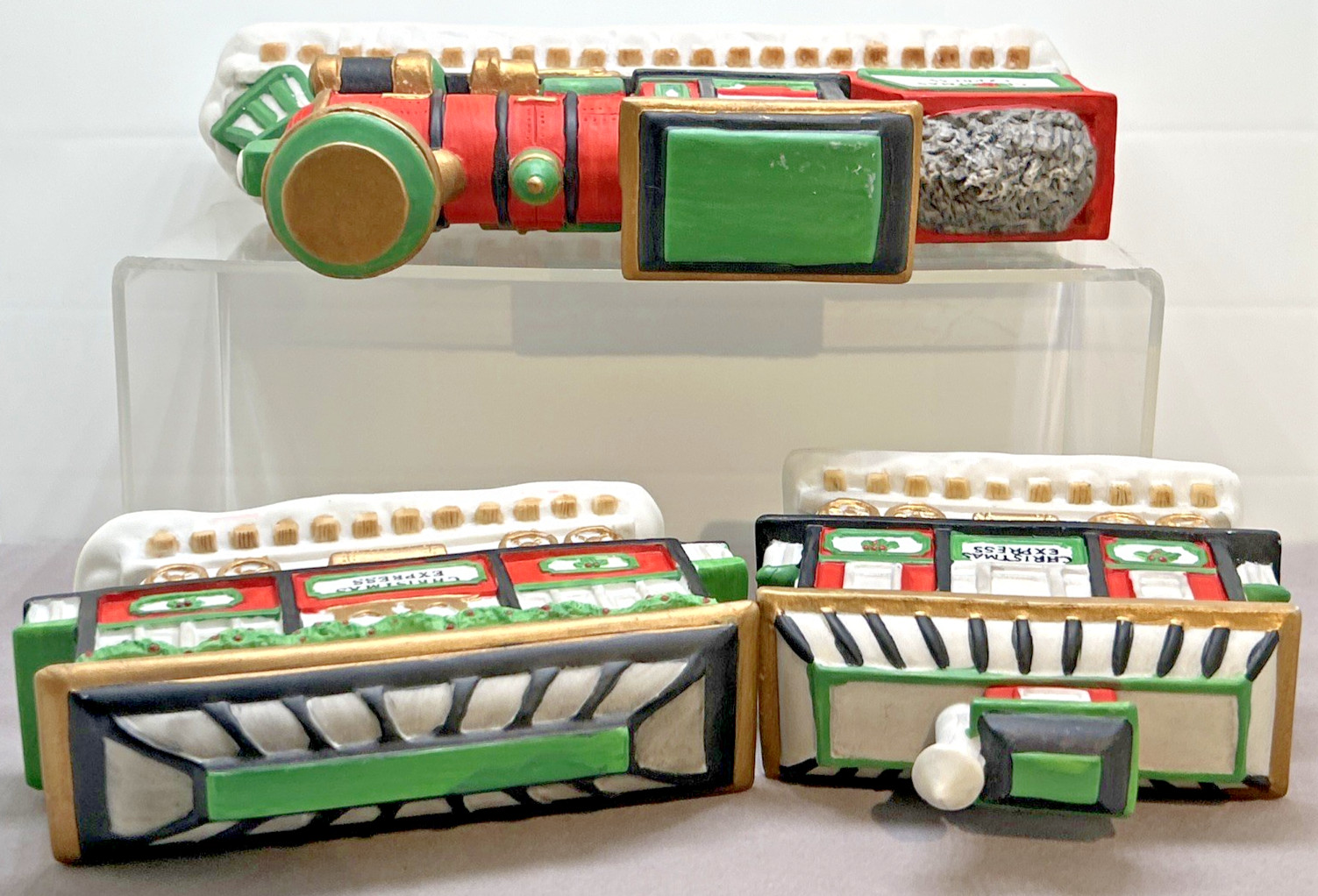 3 pc Holiday Christmas Express Train Car Village Porcelain Ceramic Caboose