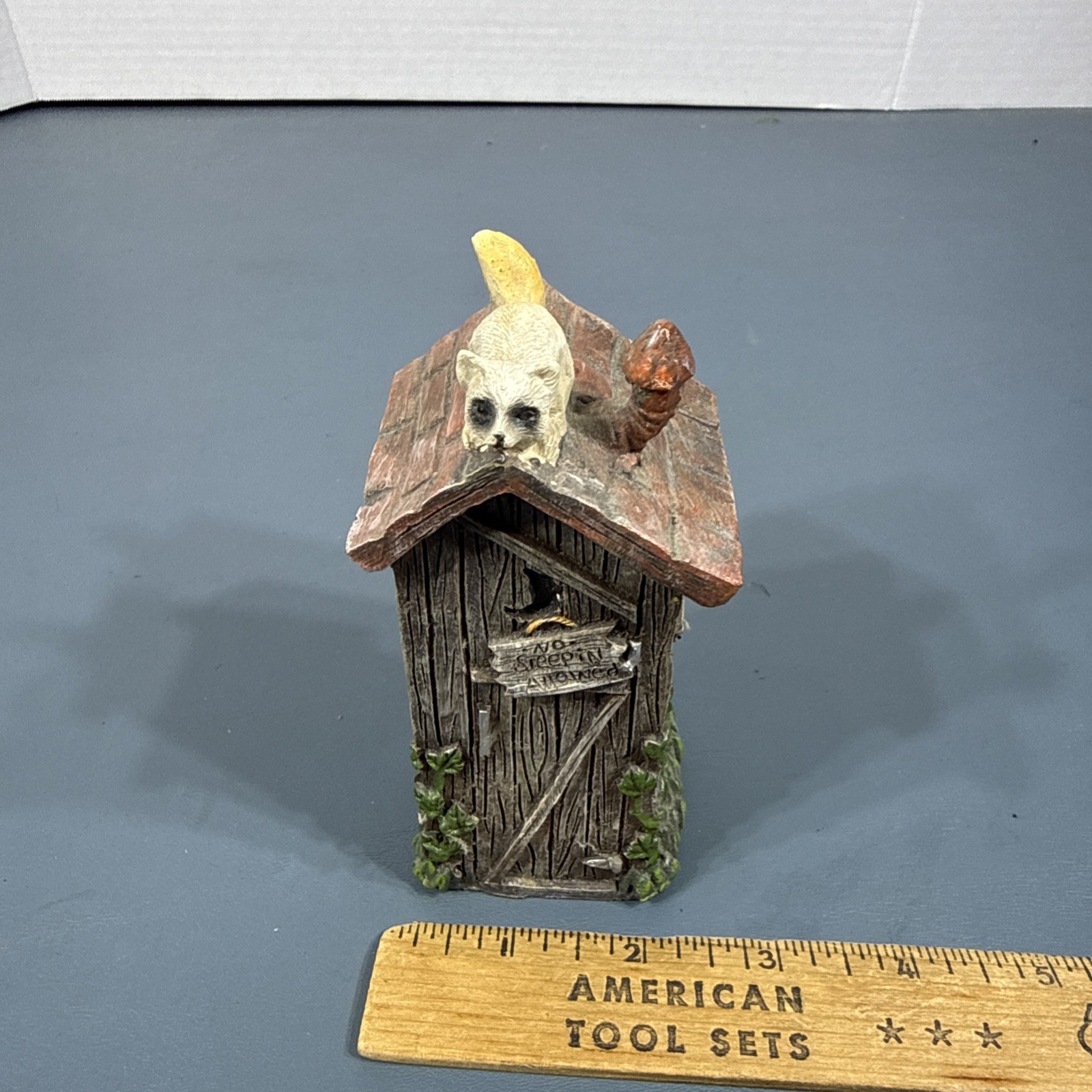 Vintage Out House Racoon on Roof Resin 5″ Tall