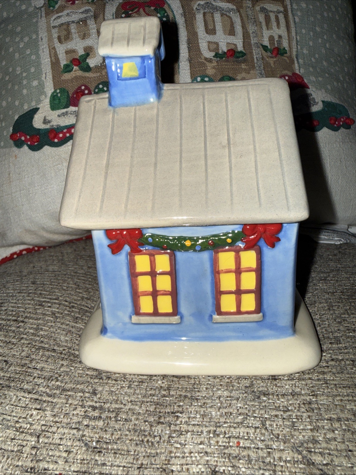 TEMPTATIONS CHRISTMAS VILLAGE HOUSE, 8 OZ. LIDDED CERAMIC RAMEKIN, 6” TALL