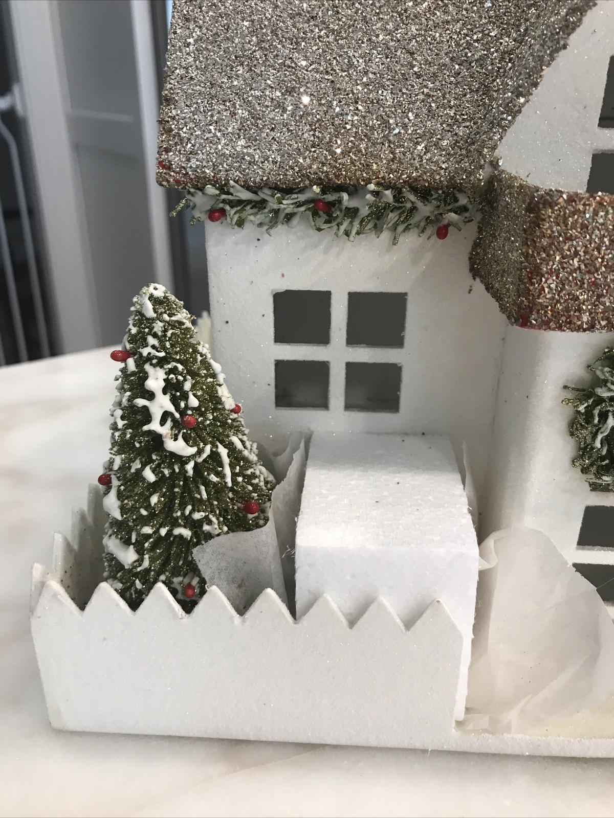 POTTERY BARN Vintage Wood Lighted Glitter S Christmas Holiday House German Glass