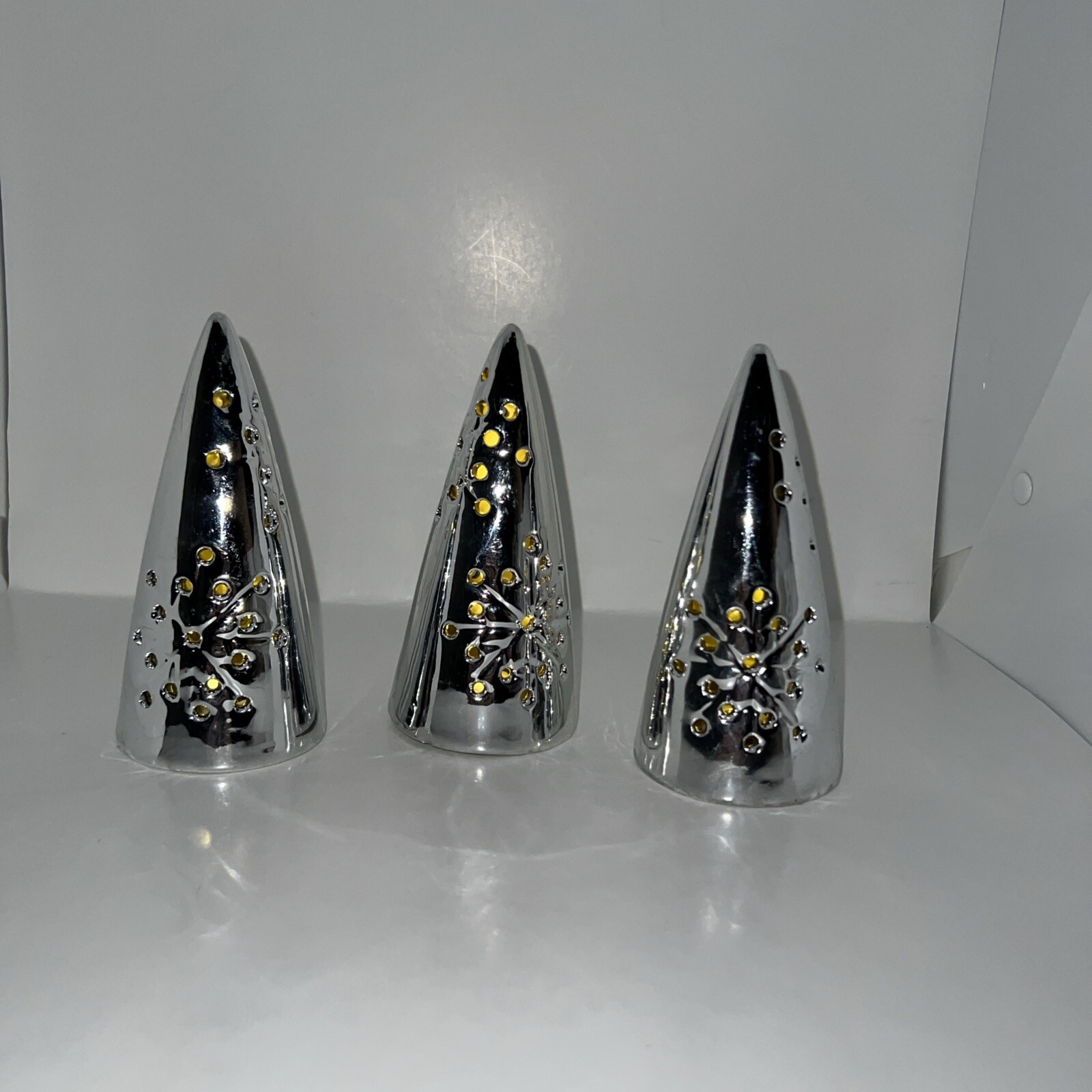 3 Christmas Tree Luminaries Cone Shaped LED Silver Ceramic/Porcelain? 2.5×5” SEE