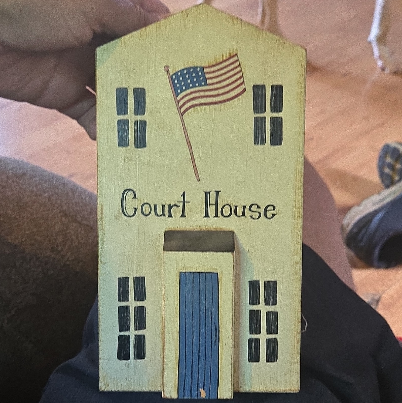 Hand-Painted Court House Village Wood House Building, Signed