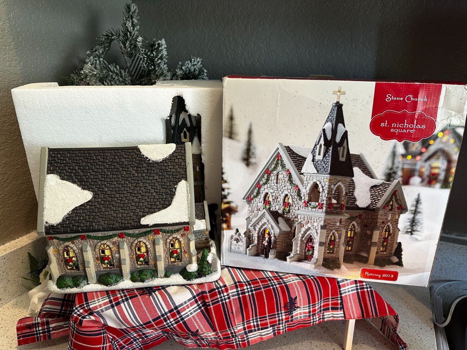 St Nicholas Square Village Collection Stone Church Christmas House in Box