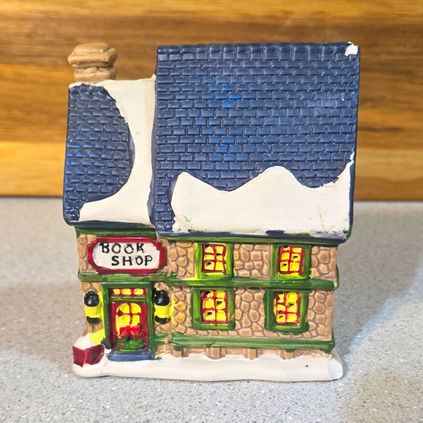 Ceramic Christmas Village Book Shop House Figurine Painted Multicolor Lighted