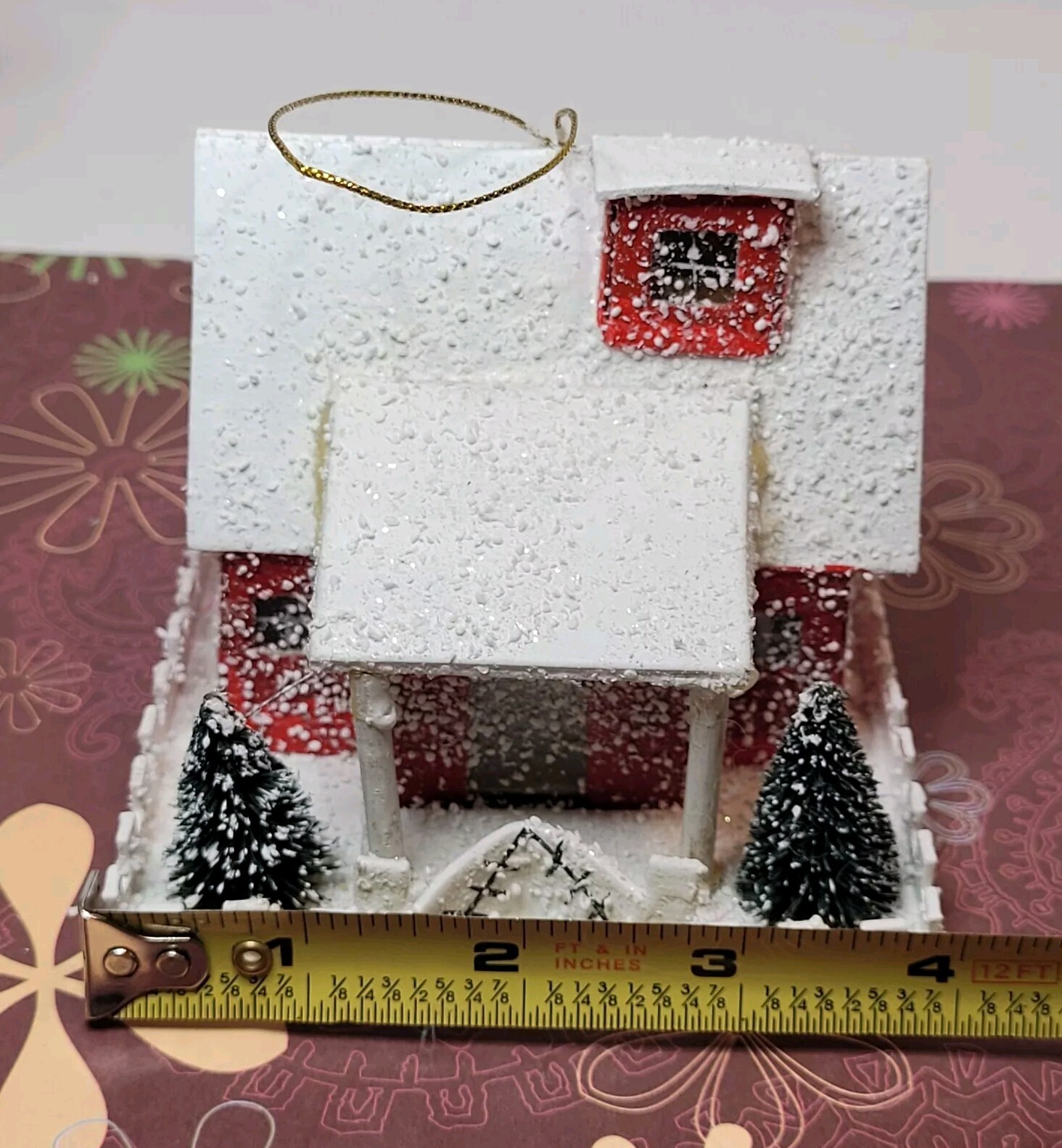 Vtg Inspired Putz House Red W/White Roof Snow Trees Fence Glitter Light Hole