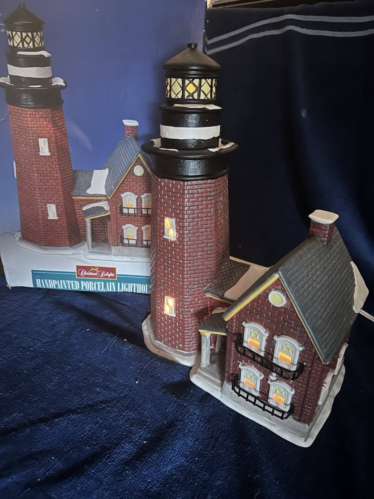 Christmas Delights Handpainted Porcelain Lighthouse W/Cottage Coastal Noel Decor
