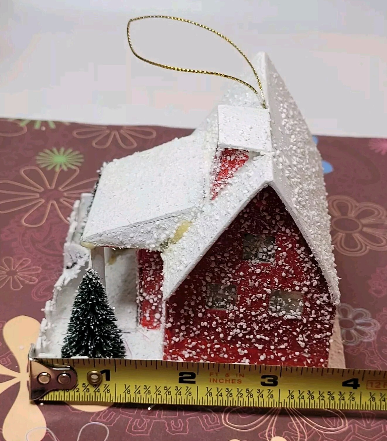 Vtg Inspired Putz House Red W/White Roof Snow Trees Fence Glitter Light Hole