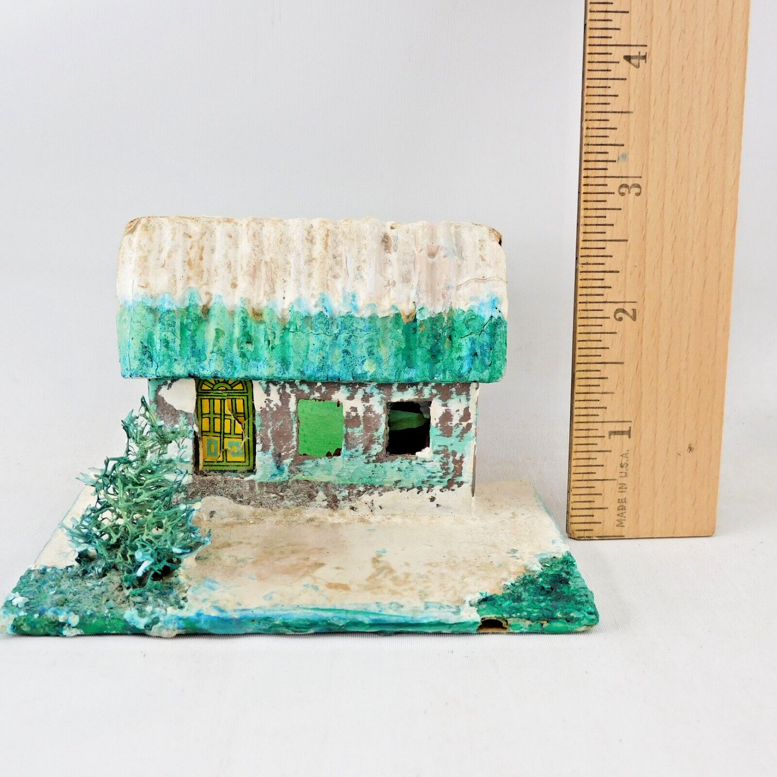 Putz Cottage House with Moss Tree Vtg Japan 1950s 4″w 2-1/2″h Green Roof (h-9)
