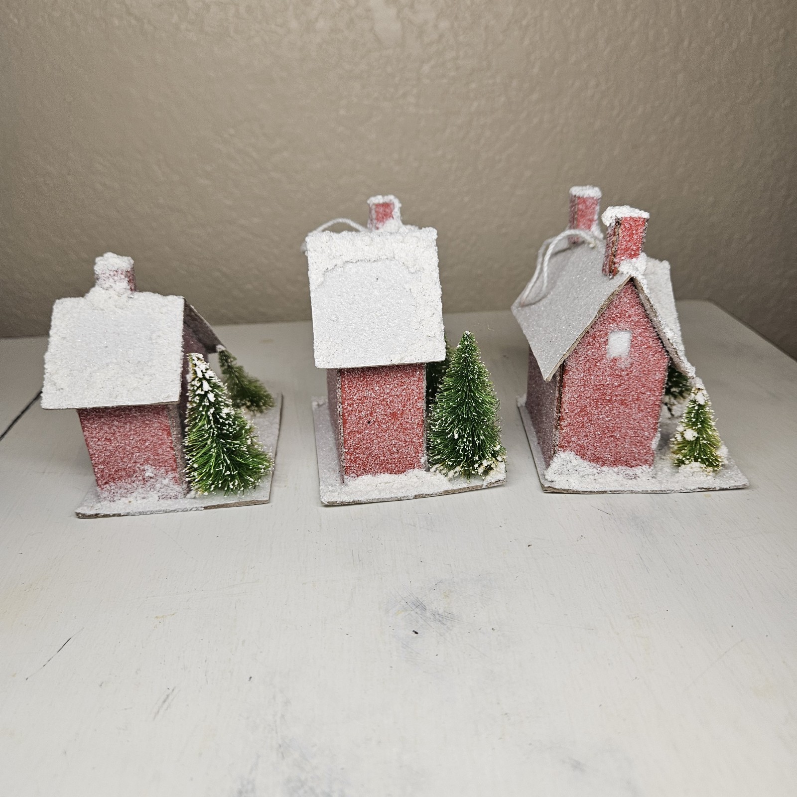 Putz Mica Glitter House Village Red Christmas Ornament Cardboard Kitsch Mini 3