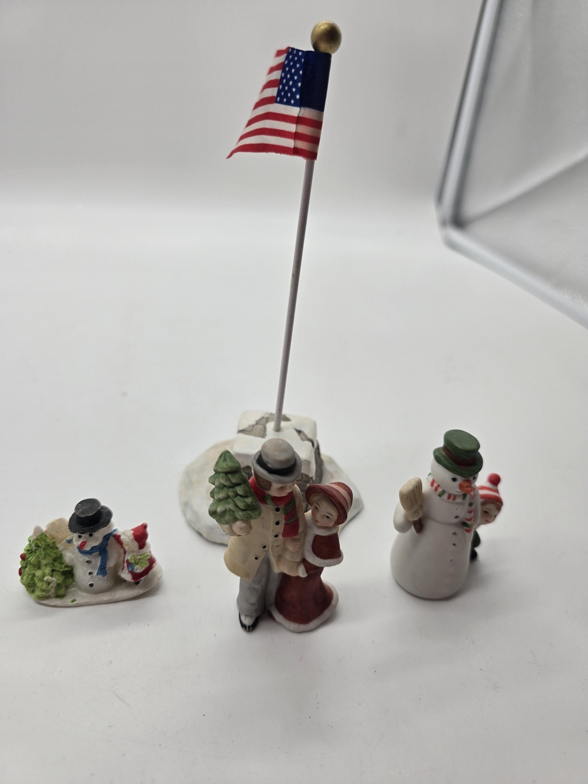 Unmarked Christmas Village Resin Figures Set 4 Snowmen Tree Flag Patriotic Decor