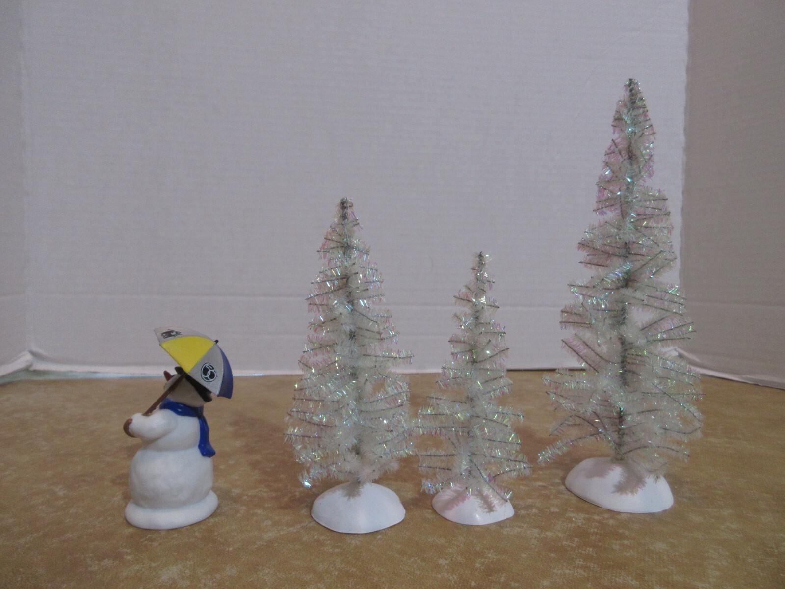 Dept. 56 2004 Classic Tinsel Trees 3 Pcs. & 2005 Ed ,The NCC Snowman