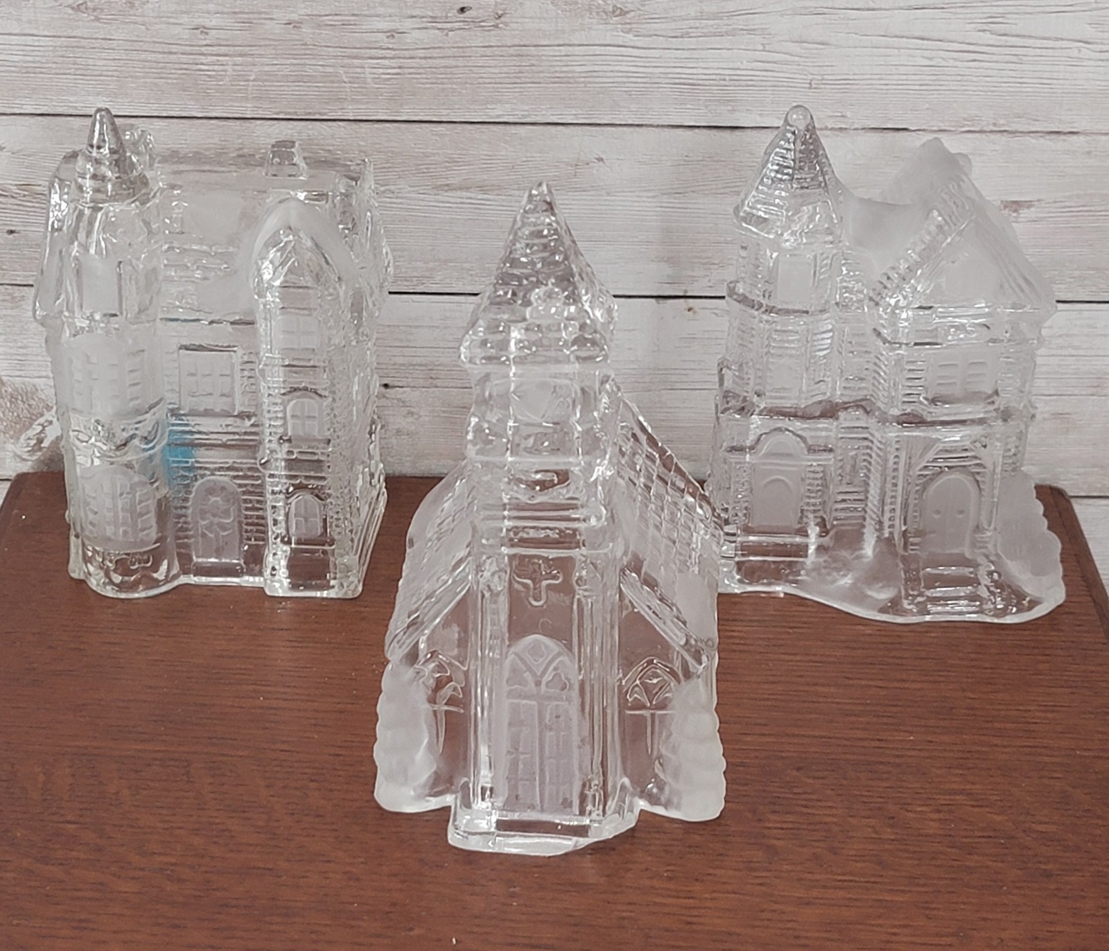 3 Vintage Clear Glass Christmas Village Buildings Church Storefront Houses