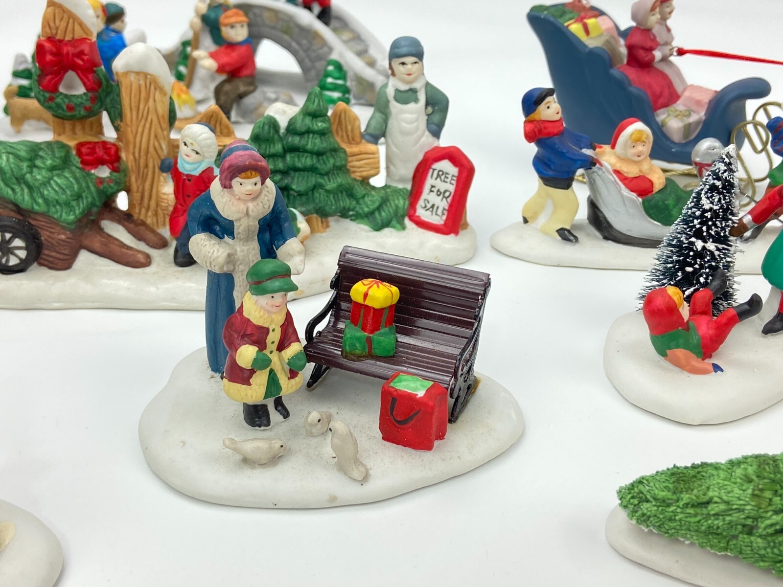 Lot of Lemax & Other Christmas Village Figures Accessories Bridge Carriage Swing