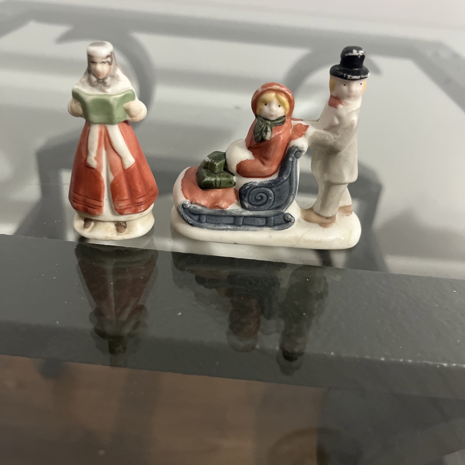 Small Christmas Village People Set Of 2. Caroler. People With Sled