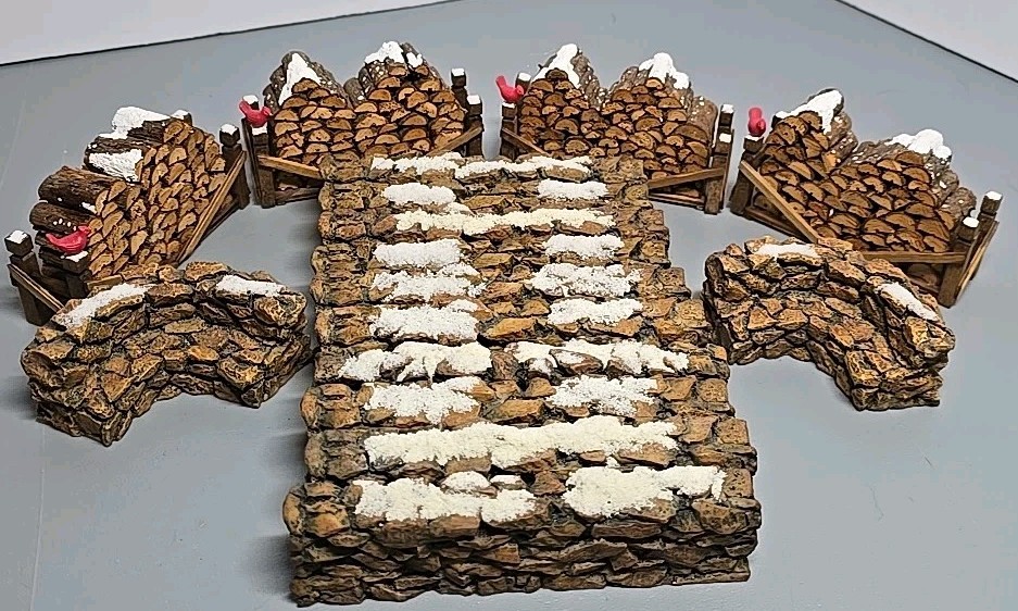 Dept 56-4 Wood Log Pile Stacked Firewood Cardinal & 10 Stone Fence 2Corner Bench