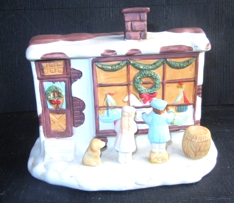 R.O.C CHILDREN & DOG IN FRONT OF THE LIGHTED TOY STORE FRONT WINDOW PORCELAIN