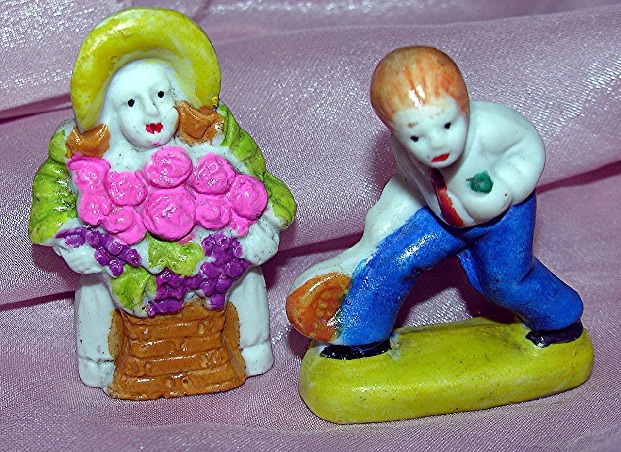 2 VTG JAPAN BISQUE PORCELAIN MINIATURES, Doll House, Xmas Putz GIRL, TENNIS BOY