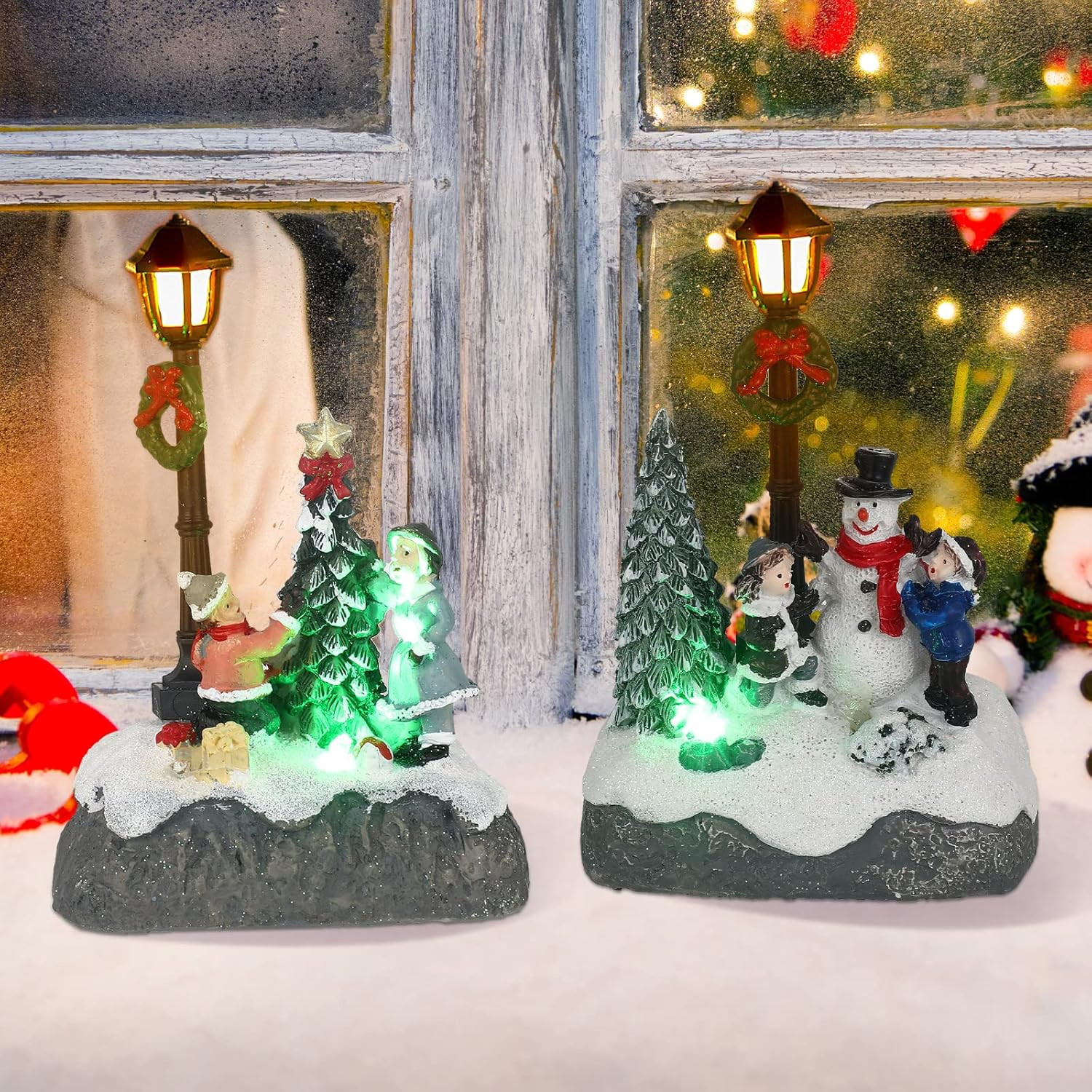 Christmas Village Sets, 2 Pcs Snowman Tree Santa Christmas Village Scene with Fi