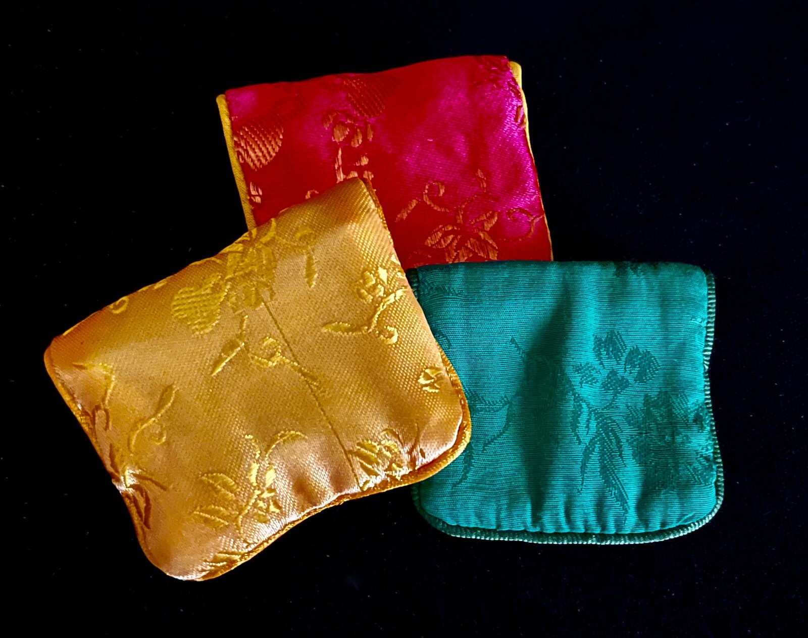 3 Vintage Silk Zip & Snap JEWELRY GIFT BAGS in Gold, Green & Pink 2.5×3 Inches