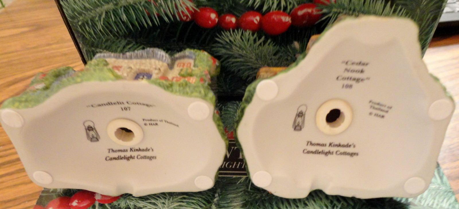 2 Kinkade Candlelight Cottages Lighted Ornaments Hawthorne Collection #107 & 108