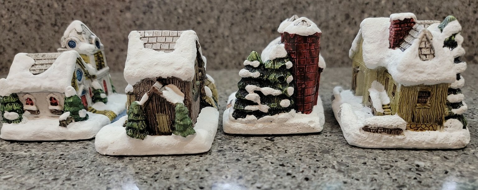 4 1989 RSVP American Rustic Series Painted Christmas Cottages, Labels, barn mill