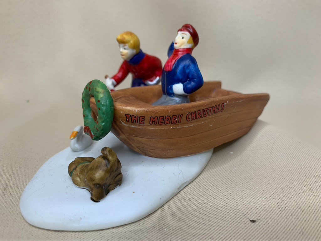 LEMAX 1998 Village HEARTHSIDE  “THE MEETING” Boat, boys dog, MERRY CHRISTMAS