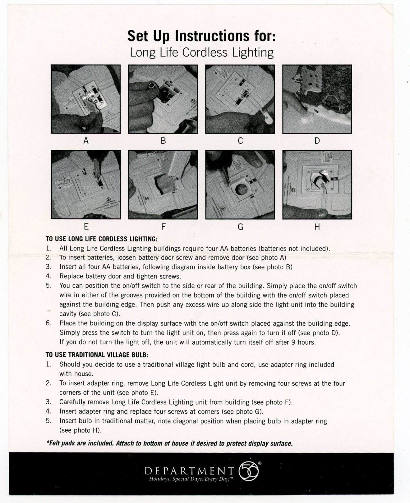 Dept 56 Snow Village Set up Instruction Sheet for Long Life Cordless Lighting