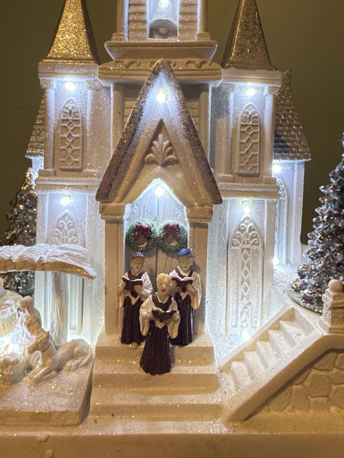 Enchanted Forest Illuminated Glitter Resin White Church Christmas Village House