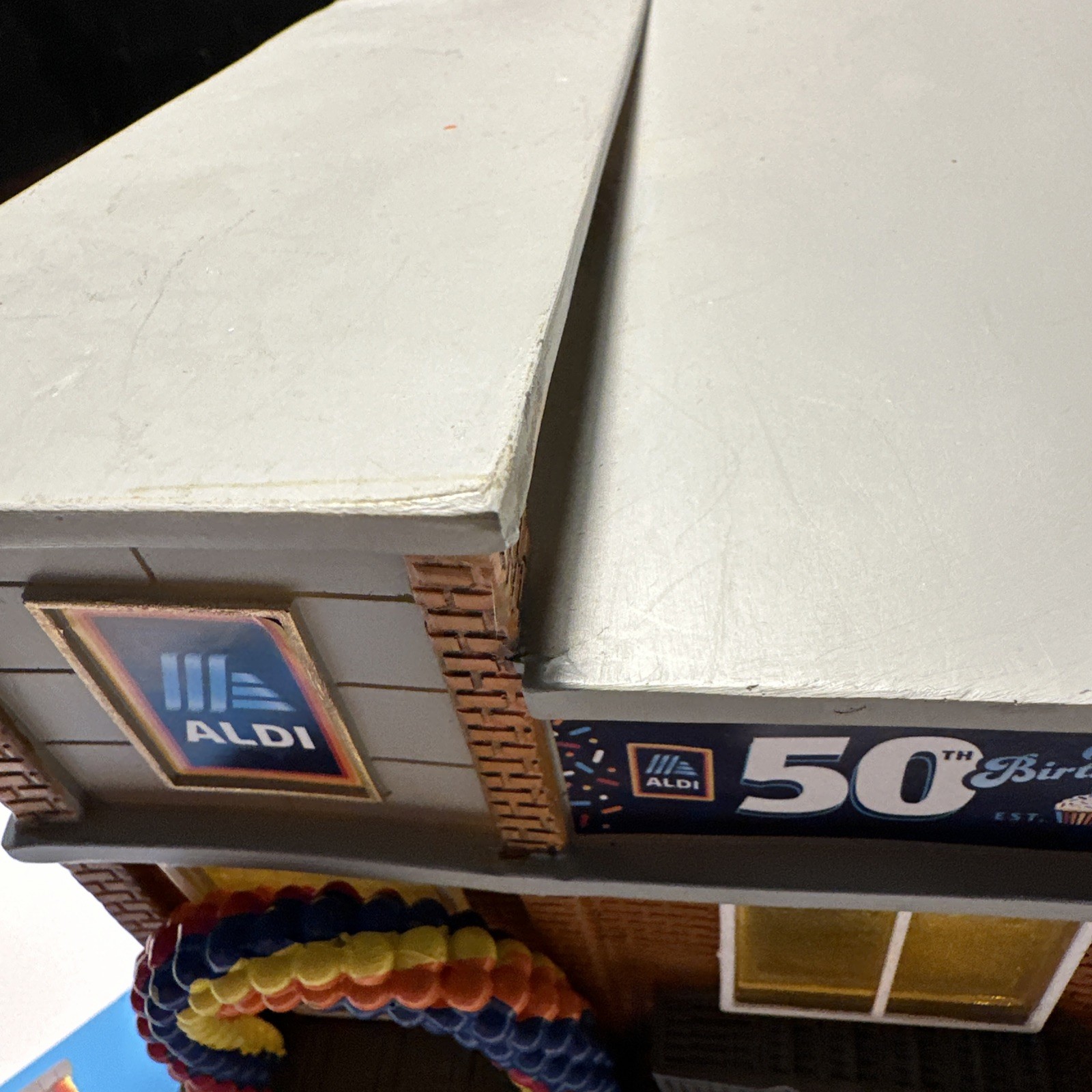 Aldi 50th Birthday Light Up Store Building Village 7 X 4” NWT (Damaged Roof)
