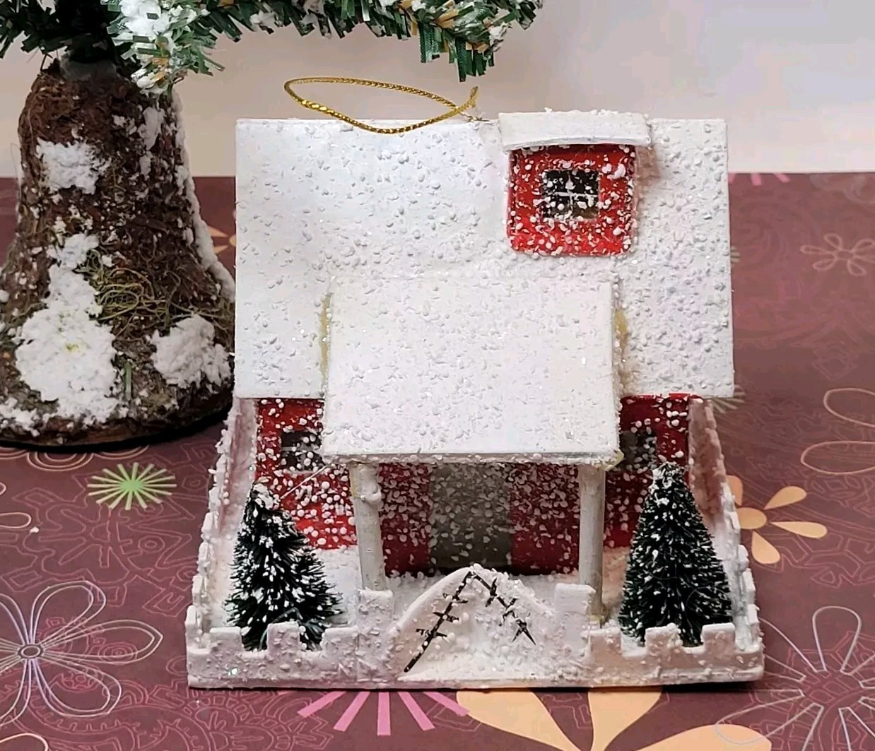 Vtg Inspired Putz House Red W/White Roof Snow Trees Fence Glitter Light Hole