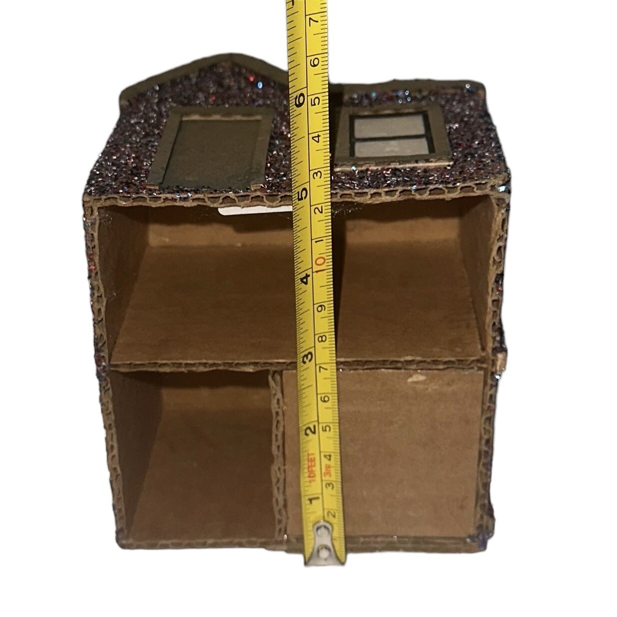 Vintage Putz Christmas Style Cabin House Cardboard Glitter Large Handmade 6.5″
