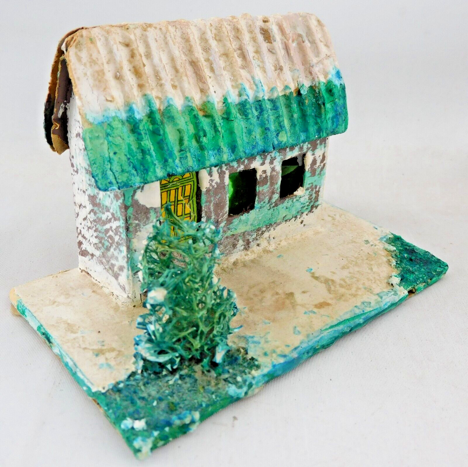 Putz Cottage House with Moss Tree Vtg Japan 1950s 4″w 2-1/2″h Green Roof (h-9)