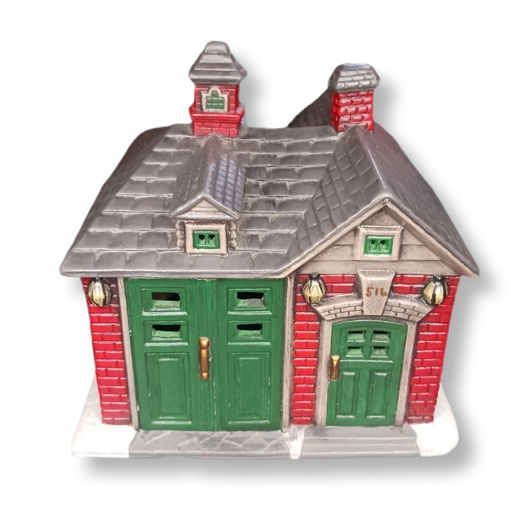 Vintage 1983 Byron Molds Fire Station Christmas Village Lighted House Ceramic