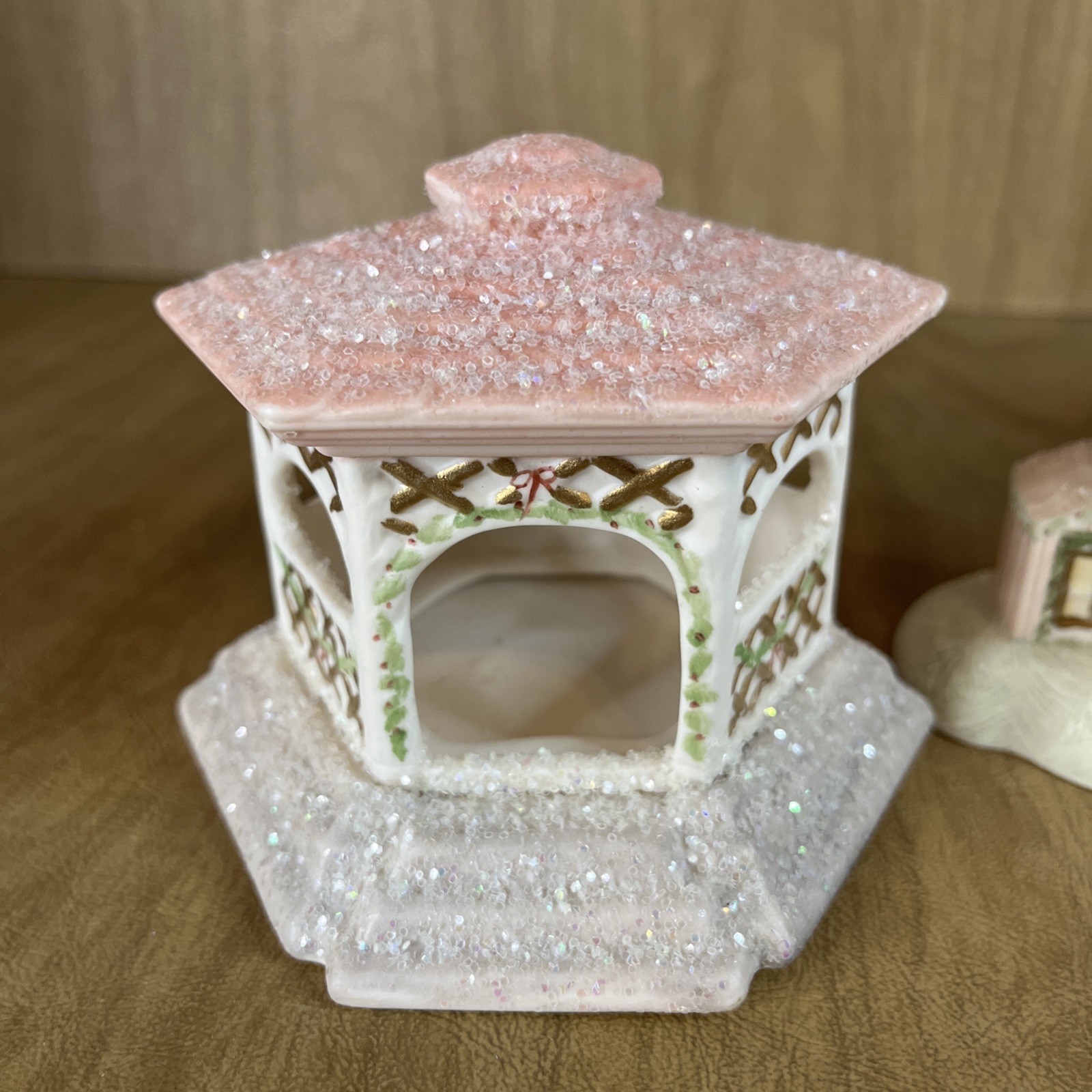 Hand Painted Ceramic Barn Silo Gazebo Christmas Village Glitter Snow Decor