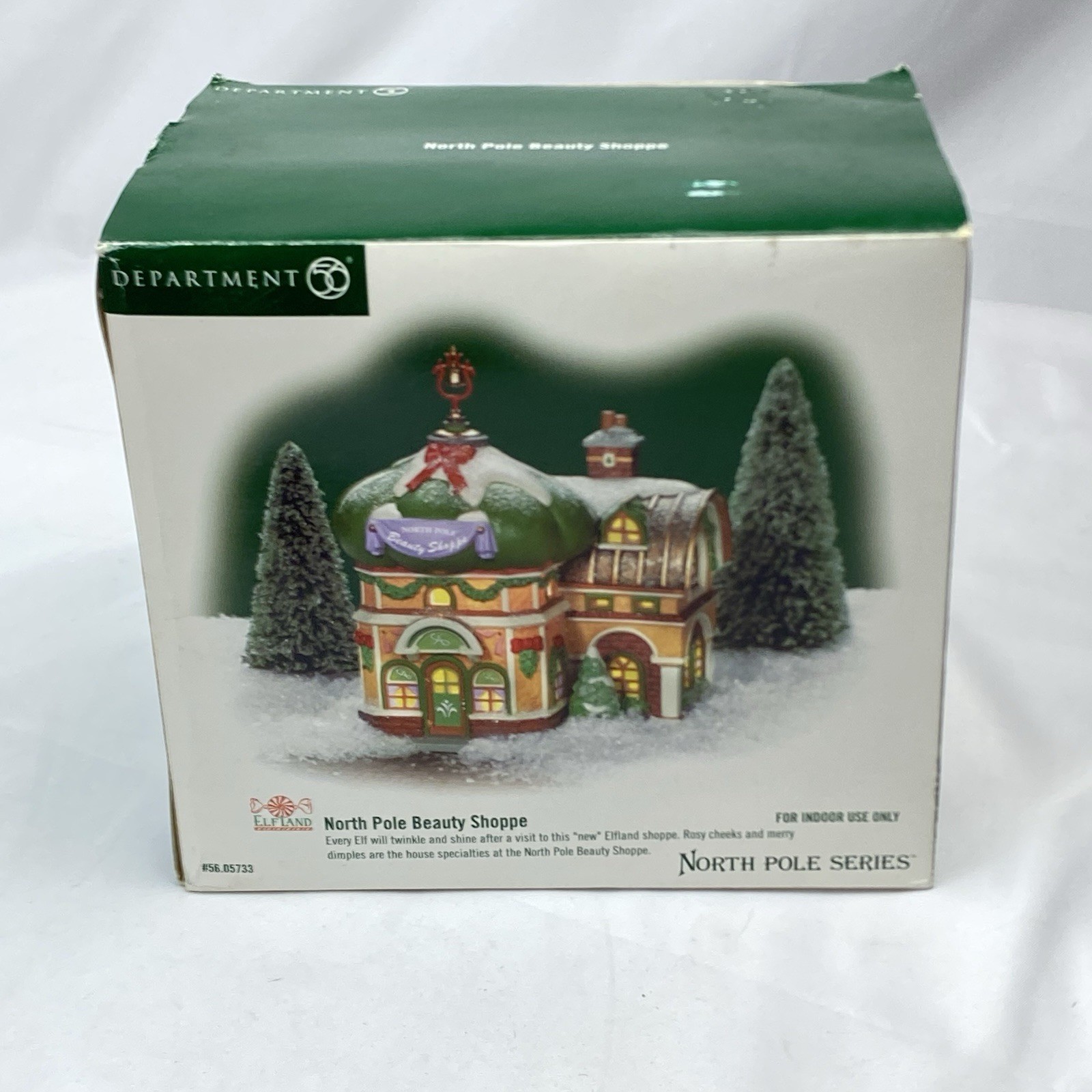 Dept 56 North Pole Series Beauty Shoppe Elf Land Trees Snow 56.05733 Lighted NIB