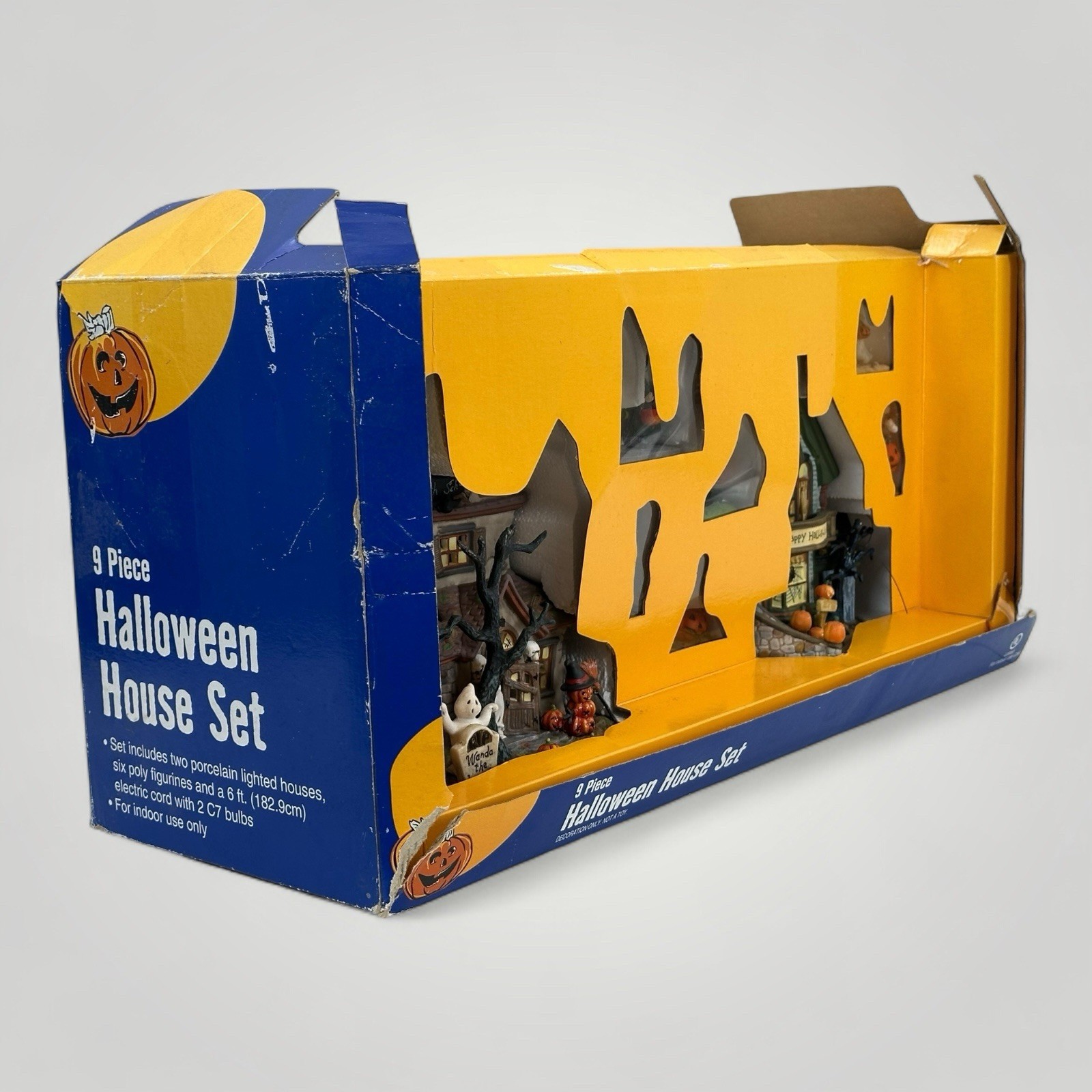 VTG O’Well Halloween Village Complete Set 2 Lighted Houses 6 Figures Box