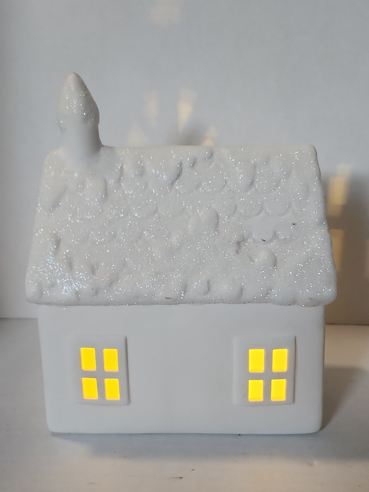 White Ceramic Glitter Light Up Holiday House White Christmas Village Decor (RV2)