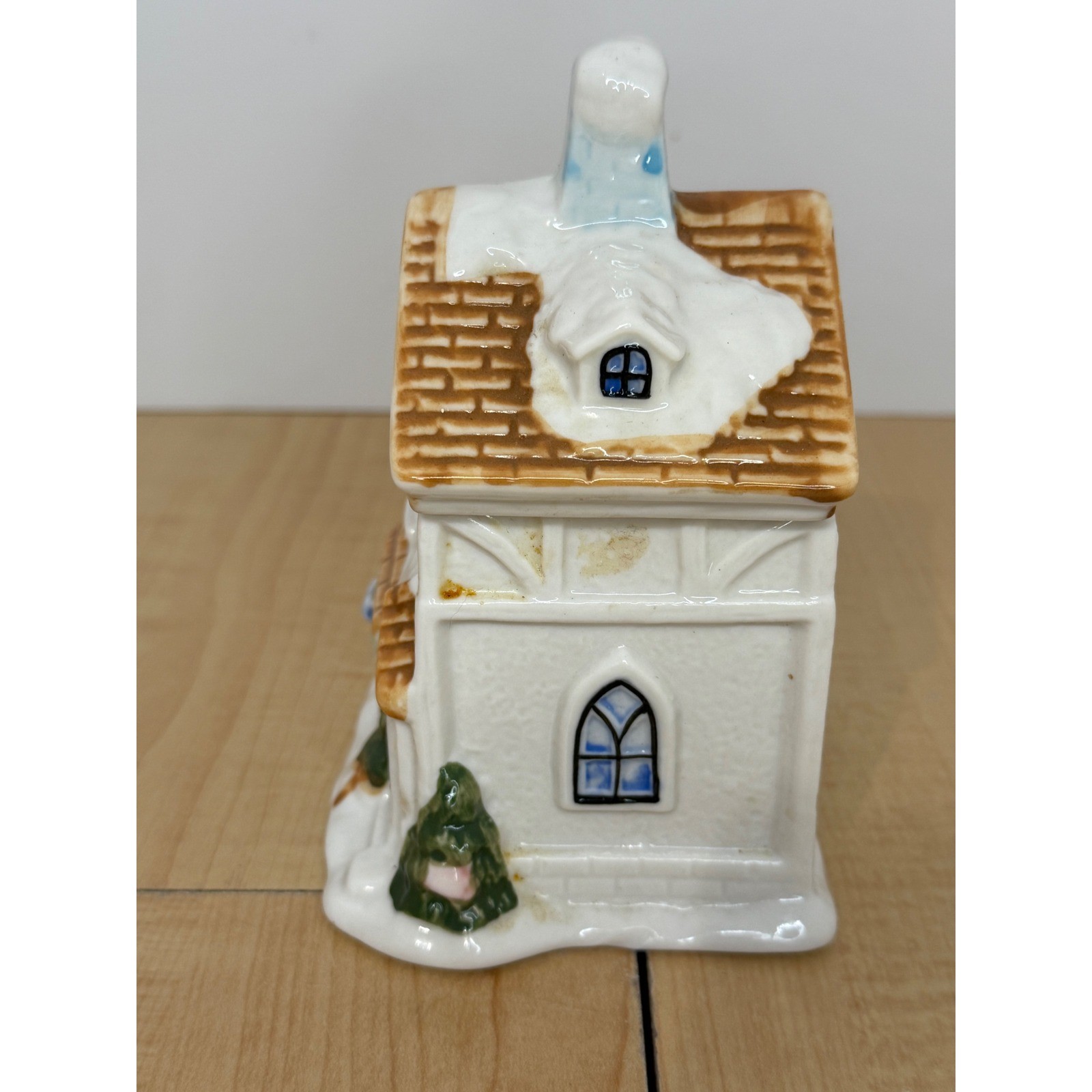 Vintage Ceramic Christmas House Trinket Box Snowy Winter Village Cottage Decor