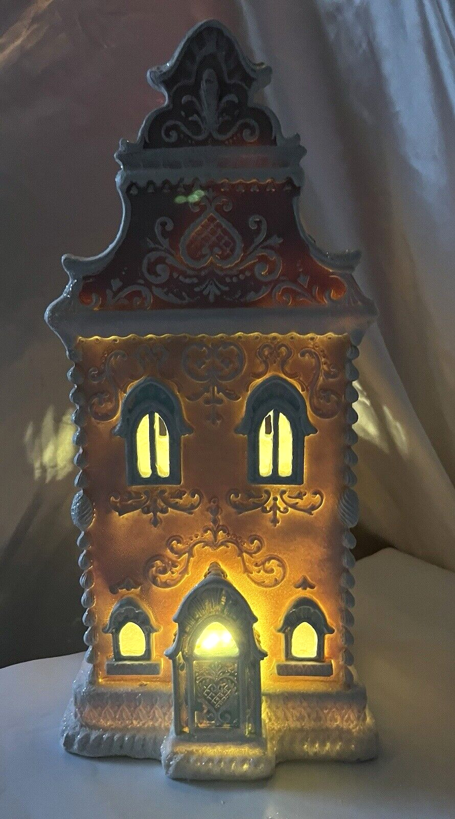 Pink Christmas Victorian Gingerbread House Lights Up 13.5″ NEW