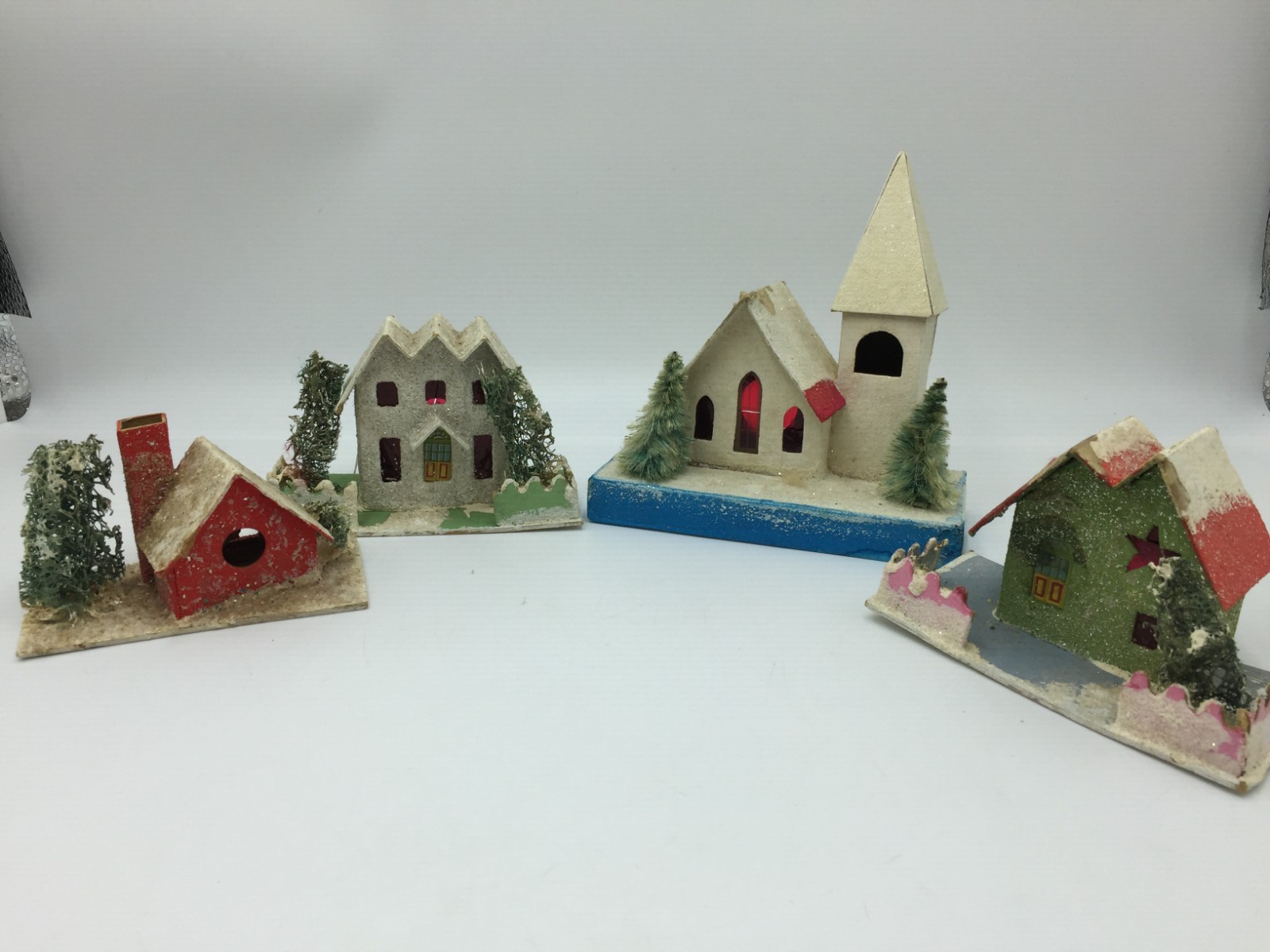 4 Japan Putz Christmas Village Houses,Church,Farmhouse,Cardboard,Glitter,Handmad
