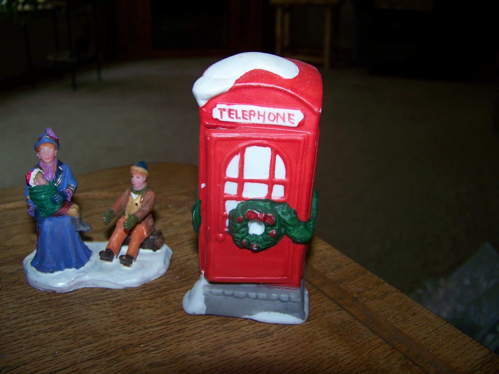 Lot of 3 Christmas Village Accessories Telephone Booth/Bus Station/Towns people