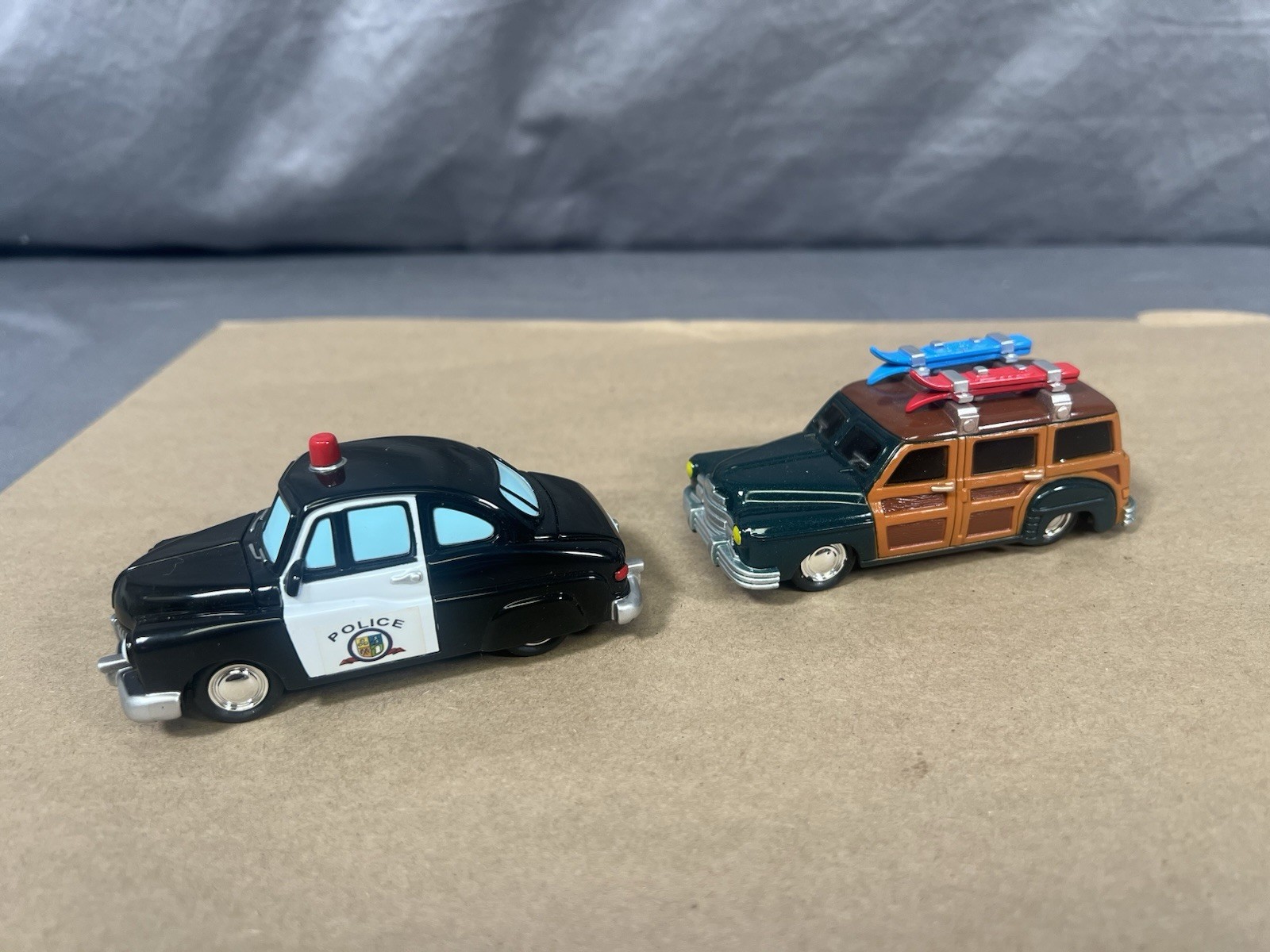 Vintage Village Lemax Police Squad Car and Beach Wagon Toy No Battery Version