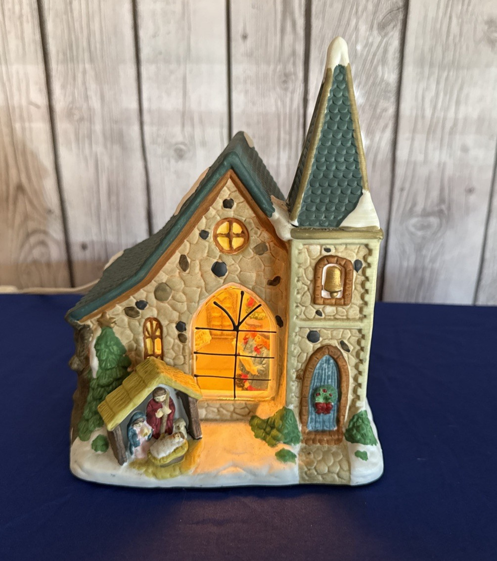 A Christmas Collectible Porcelain Window House “Church” Nativity Scene Orig. Box