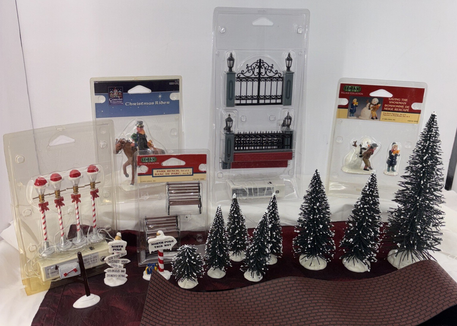 Vintage LEMAX Christmas Village Lot Of 17 Figures Accessories Trees 1993-2006