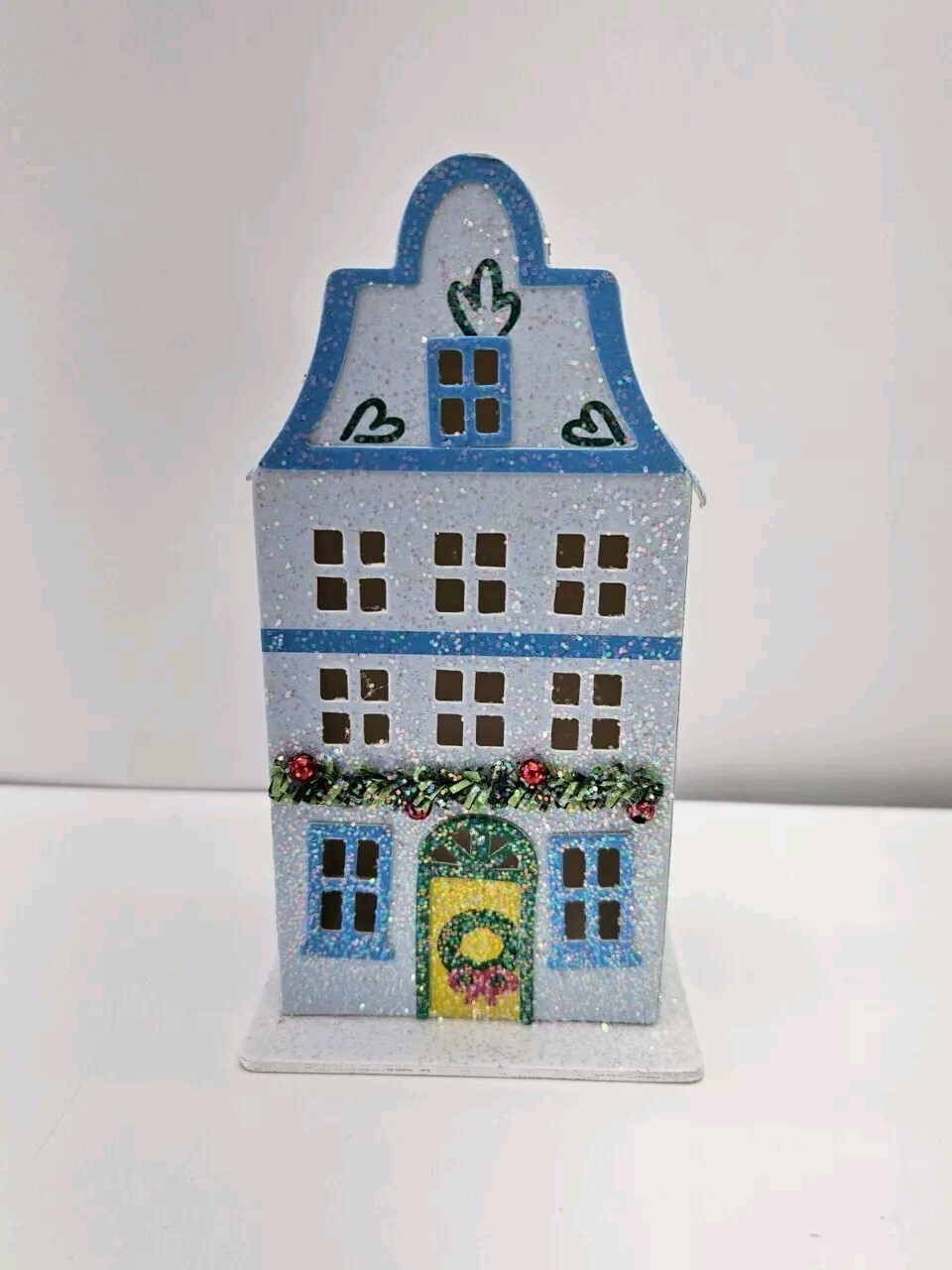 Christmas Putz House Ornament Cardboard Glitter Blue 5″ Wondershop