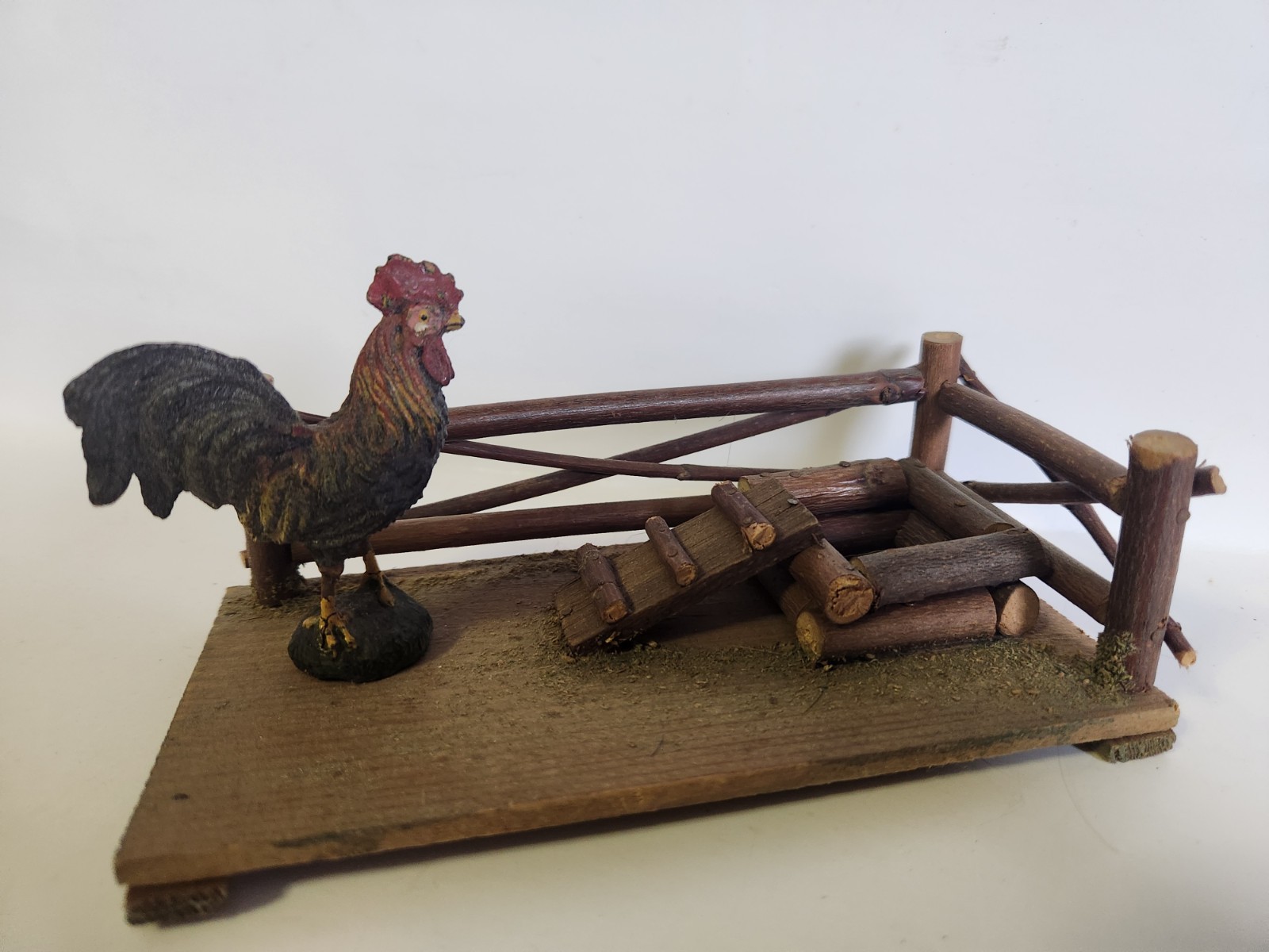 Old Wooden German Chicken Coop With Elastolin Rooster Christmas Putz Village