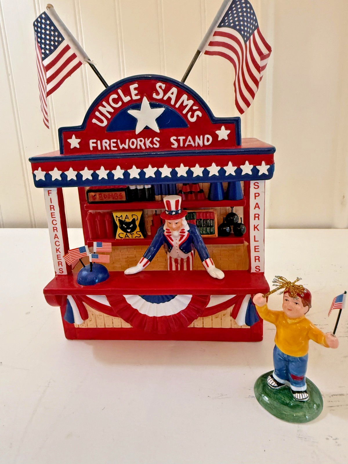 Dept 56 Uncle Sam’s Fireworks Stand 2Pc Figures July 4th #54974 Retired